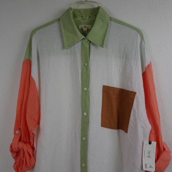 Rip Curl Button Up Top Women's Size L White Colorblock Long Sleeve Beach CoverUp - Picture 2 of 10